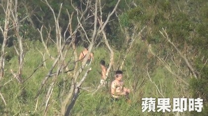 三名男子在樹叢中裸曬，完全忽視旁人存在