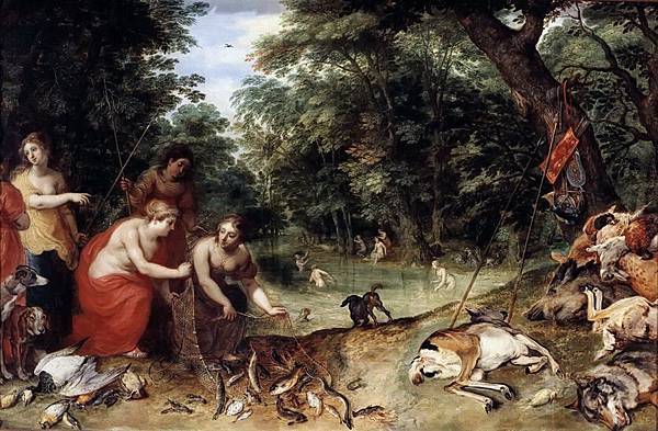 Jan Brueghel The Elder- Nymphs of Diana after the fishing and hunting