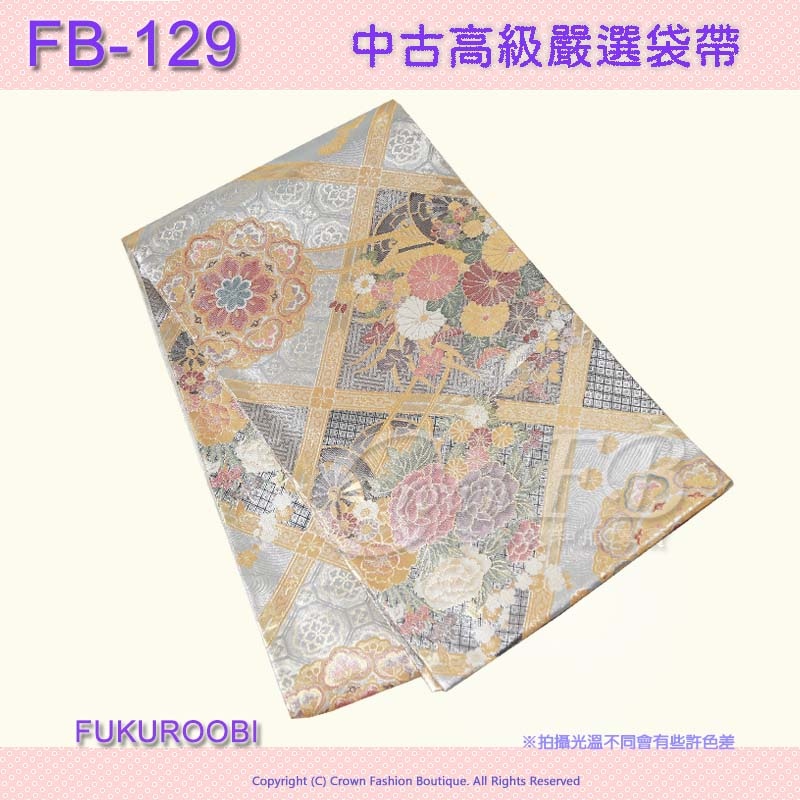 FB-129中古袋帶-銀金色底格紋花卉㊣日本製1.jpg
