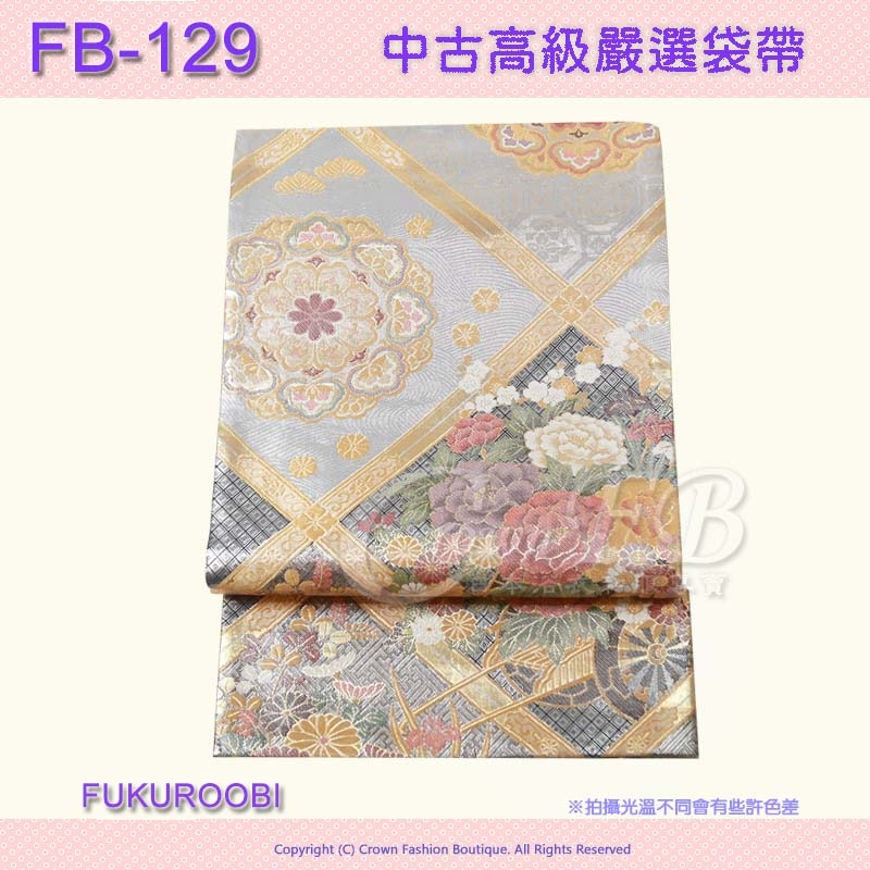 FB-129中古袋帶-銀金色底格紋花卉㊣日本製2.jpg