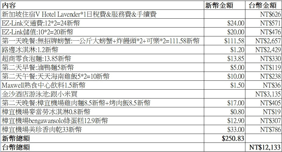 新加坡花費