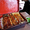 鰻魚飯迷大白展示漆盒便當裡的好物：「鰻特重」，2200日圓