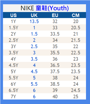 nike 6y in cm