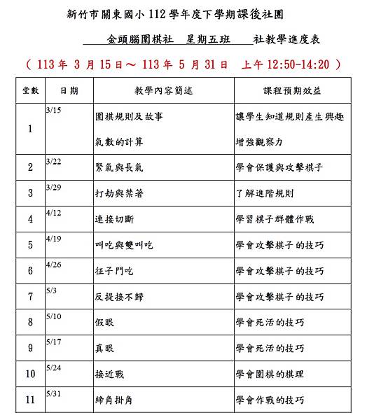 新竹市關東國小 112學年度下學期課後圍棋社團活動企劃書及教