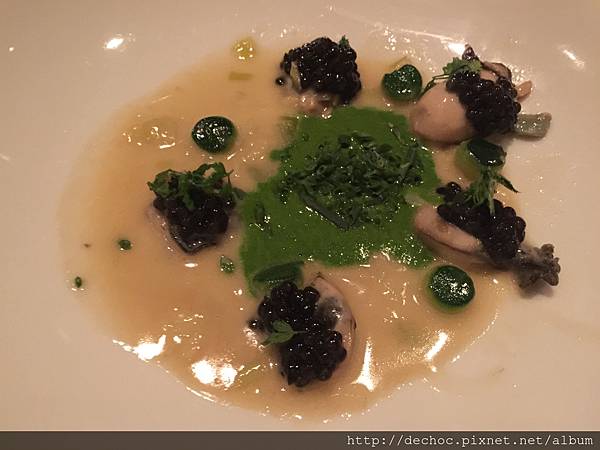 Glazed Oysters with Osetra Caviar, Zucchini Pearls and Lettuce Cream