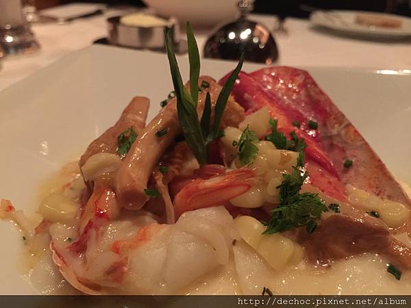 Roast Maine Lobster with Potato Puree, Chanterelle Mushrooms, Corn and Tarragon