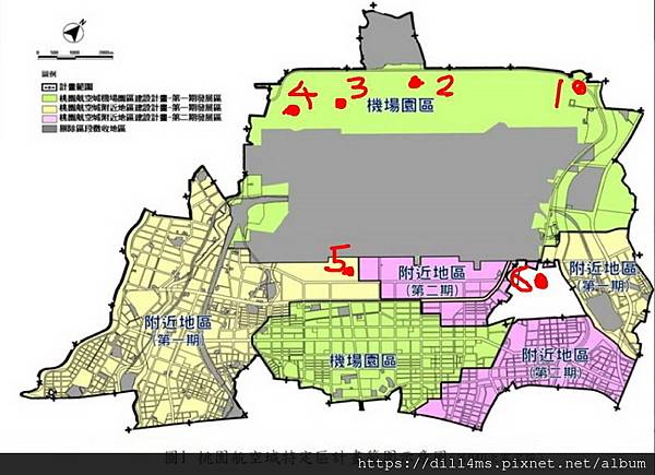(航空城區內國小:1.竹圍、2.沙崙、3.后厝、4.圳頭、5.陳康、6.菓林。圖片:取材桃園市地政局)