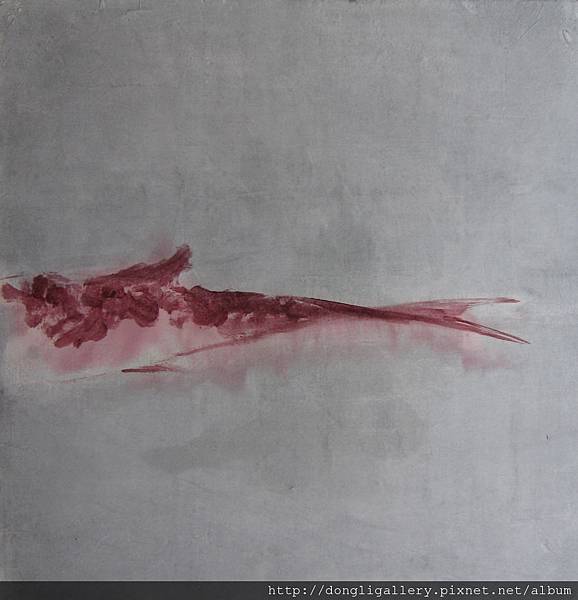 獨字中游 Swim in the monotype- 紅暈 Bleeding  手繪水墨及浮水印木拓ink, wood rubbing & fish printing  68x69cm