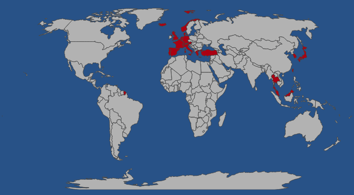 台灣, 德國, 比利時, 荷蘭, 法國, 摩納哥, 日本, 新加坡, 泰國, 南韓, 義大利, 梵蒂岡, 馬來西亞, 英國, 瑞士, 西班牙, 葡萄牙, 希臘, 香港, 冰島, 丹麥, 奧地利, 土耳其, 挪威