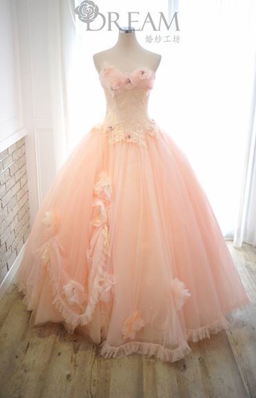 氣質粉橘蕾絲花婚紗