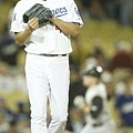 080415 Dodgers closer Takashi Saito watches Nate McLouth's three-run home run in the ninth inning Mo