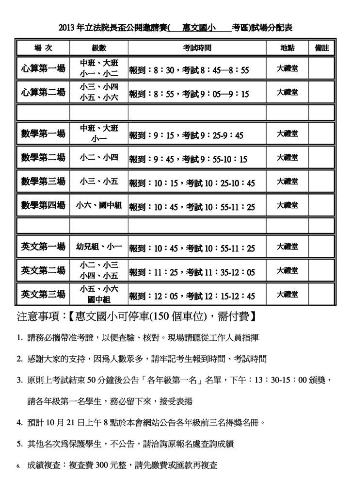 2013院長盃考場分配表