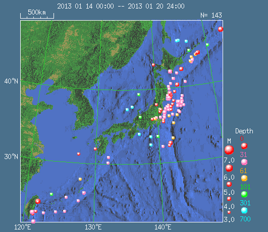 全国Ｍ３以上の最近一週間の地震活動