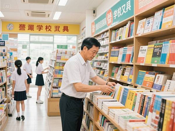 dreamina-2025-08-18-2476-產生一張圖片，一間專賣教科書、參考書、教具、學用品的學用品店，老闆在整理書籍，店.