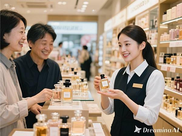 dreamina-2025-09-04-3807-產生一張照片，真人寫真，一間專賣香水香氛的店，漂亮的店員手拿香水在介紹，客人也開.