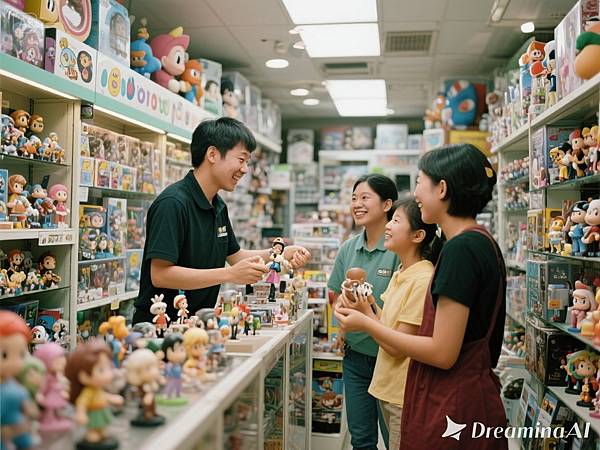 dreamina-2025-09-04-1452-產生一張照片，真人寫真，一間專賣動漫模型的店，店員跟客人開心的選購，店裡陳列的東.