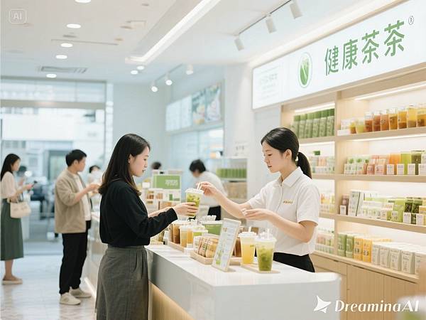 dreamina-2025-09-09-8655-產生一張照片，一間販售養生茶飲專賣店的店家，銷售員在店裡賣飲品有客人在選商品，空.