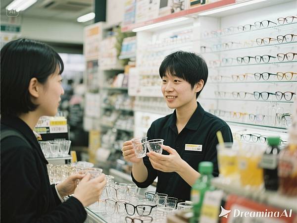 dreamina-2025-09-09-1704-產生一張照片，一間販售眼鏡專賣店的店家，銷售員在店裡賣飲品有客人在配眼鏡，店員手.