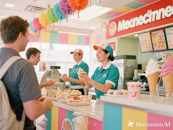 dreamina-2025-09-11-6708-產生一張寫真，一間連鎖冰淇淋店、店面有店員在幫客人點餐，店裡的色彩繽紛