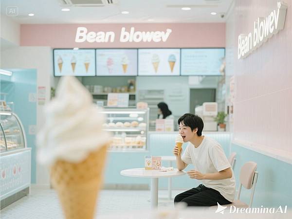 dreamina-2025-09-12-6701-產生一張圖片，一間豆花、剉冰、冰品店，有人坐在店裡享用冰品，店裡明亮乾淨，亞洲人.