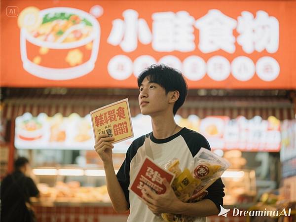 dreamina-2025-09-12-8074-產生一張寫真，一個人站在一個很大的食品招牌前，手上拿著商品跟招牌，亞洲年輕人