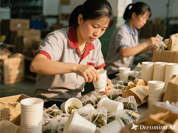 dreamina-2025-09-15-9796-產生一張圖片，飲料原物料批發商在整理貨品，紙杯、茶包、包裝袋、原物料，亞洲人，真.