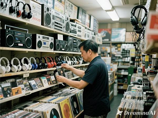 dreamina-2025-10-02-2733-產生一張照片，一間販售音響、耳機、黑膠唱片的商店，店裡商品陳列豐富，老闆在整理商.