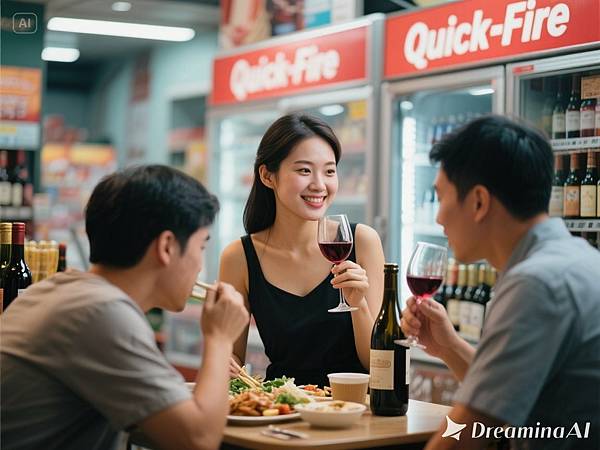 dreamina-2025-10-09-1170-產生一張照片，真人模式，一間快炒店裡有酒促小姐在跟男客人在喝酒，旁邊有客人在吃飯.