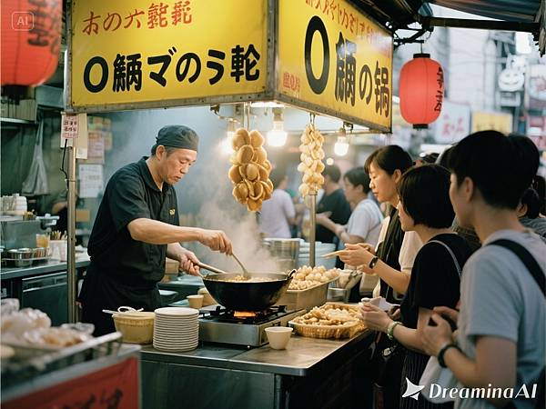dreamina-2025-10-16-7767-產生一張寫真，賣關東煮、黑輪攤位的店，老闆在煮關東煮有客人在排隊點餐，亞洲人，真.