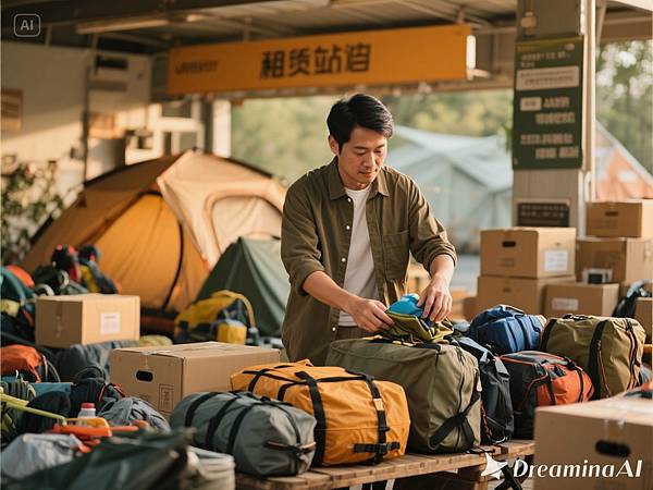 dreamina-2025-10-16-4685-產生一張寫真，露營用品租賃販售站，老闆在整理露營用品給客人打包商品，亞洲人，真人.