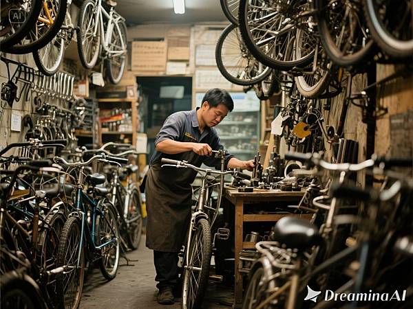dreamina-2025-10-17-3679-產生一張照片，一間單車零件販售店，老闆在修理腳踏車，店內也有許多腳踏車排列，亞洲.