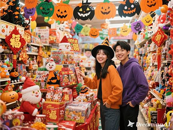 dreamina-2025-10-20-5896-產生一張圖片，真人模式，亞洲年輕人，萬聖節、聖誕節、過年的節慶商品佈置專賣店，店.