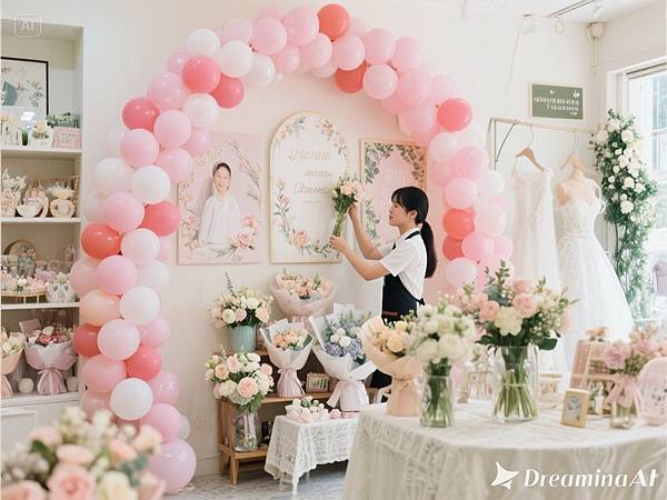 dreamina-2025-10-21-2367-產生一張照片，一間販售婚禮佈置用品店，店員在店裡面整理商品，氣球拱門、主題背景板.