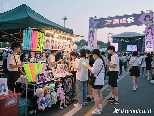 dreamina-2025-10-23-5670-產生一張圖片，在戶外的演唱會門口販售螢光棒、應援布條、偶像週邊商品、玩偶的路邊攤.