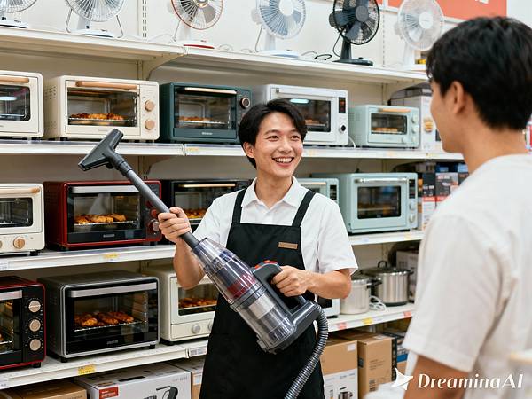 dreamina-2025-10-28-5501-寫實照片，中景鏡頭，一位親切的亞洲店員拿著一台吸塵器，向顧客展示其功能。背景是擺.