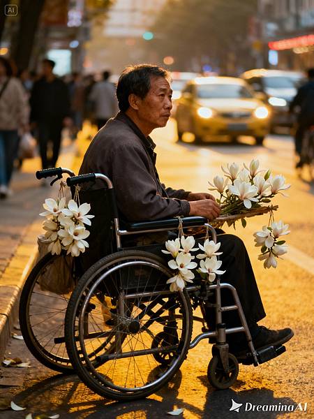 dreamina-2025-10-29-2312-一個中年亞洲男子，坐在輪椅上，在繁華的都市街頭賣白色的玉蘭花，他的輪椅扶手上掛著.
