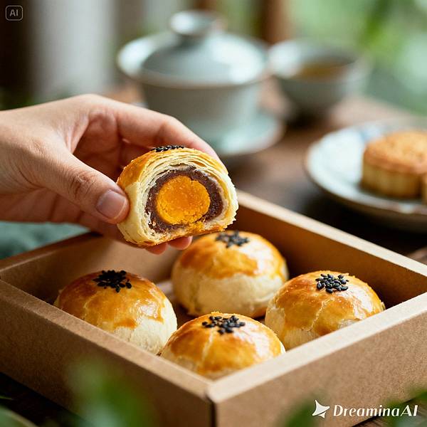 dreamina-2025-10-29-9523-一盒美味的蛋黃酥，其中一顆被手拿起，準備品嚐。酥皮層次分明，輕輕一碰就掉渣。背景.