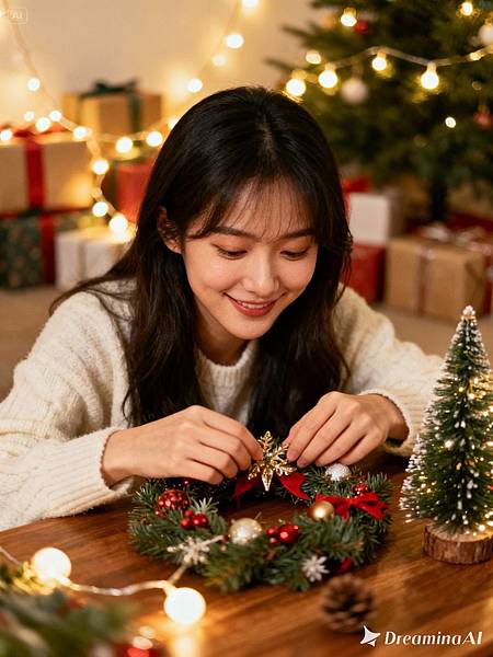 dreamina-2025-10-30-5396-真人寫真，一個年輕的亞洲女性，帶著溫柔的微笑，正在木桌上精心佈置聖誕飾品。背景充.