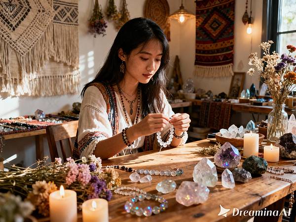 dreamina-2025-10-30-1717-真人寫真，一位年輕的亞洲女老闆，在一個充滿波西米亞風格的工作坊裡串水晶手串。她坐.