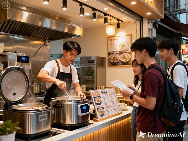 dreamina-2025-11-04-1077-寫實照片，一個現代、乾淨的亞洲粥品攤。一位年輕的亞洲創業者正在忙碌地用現代化設備.