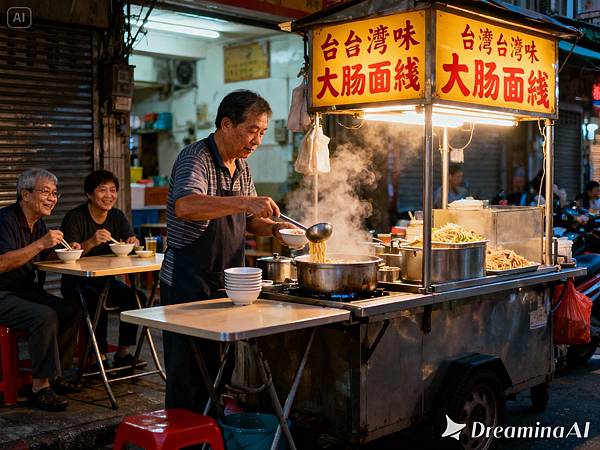 dreamina-2025-11-04-6740-寫實照片，一個充滿台灣味的街邊小吃攤，專門販售大腸麵線。攤主是一位友善的亞洲中年.