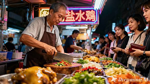 dreamina-2025-11-05-3895-一張照片，亞洲鹽水雞攤販老闆正在切小菜，夜市背景，旁邊有排隊的人潮，照片寫實風格.