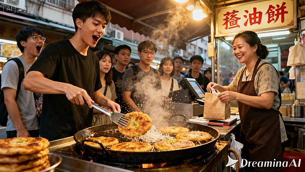 dreamina-2025-11-05-2610-一張寫實照片，亞洲一家賣蔥油餅的街邊小吃店，年輕的男老闆正在熱油鍋上煎著金黃色的.