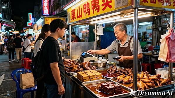 dreamina-2025-11-05-2625-一張寫實風格的照片，亞洲夜市裡的一個東山鴨頭攤販，老闆正在為顧客結帳，攤位上擺滿.