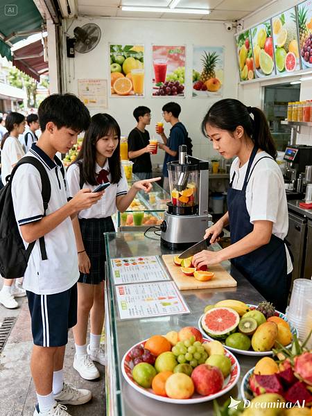 dreamina-2025-11-06-3247-一位年輕的亞洲女老闆在櫃檯後面忙著製作果汁，而櫃檯前的兩名學生正在討論要點什麼。.