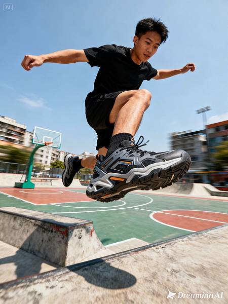 dreamina-2025-11-07-3186-一位年輕的亞洲男性運動員的動作鏡頭，在一個粗獷的城市環境中，如籃球場或跑酷公園，.