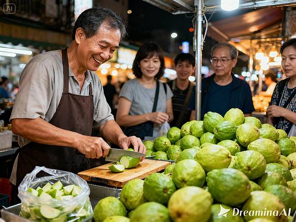 dreamina-2025-11-11-2771-寫實攝影風格，台灣夜市裡一個甘草芭樂攤位，中年男老闆面帶微笑，正在砧板上切著綠色.