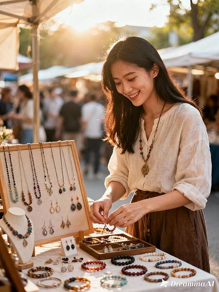 dreamina-2025-11-14-8903-專業攝影, 真人寫真風格, 一位年輕的亞洲女性設計師, 站在她精心佈置的市集攤位.