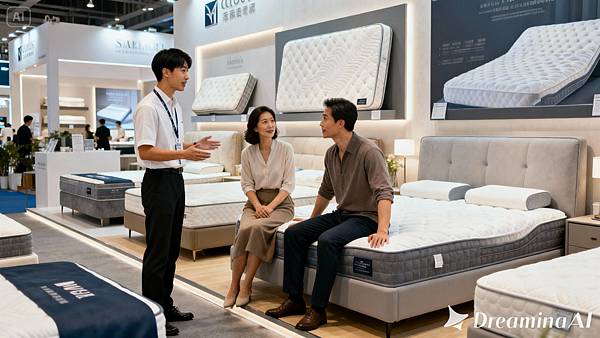 dreamina-2025-11-14-8632-寬景鏡頭, 真人寫真, 呈現一個設計現代的床墊展覽攤位。一位亞洲年輕銷售員正與一.