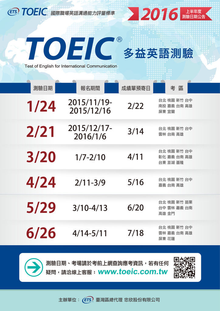 TOEIC 2016上半年測驗日期公告